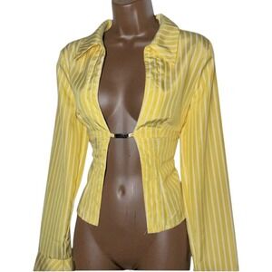 New Medium Yellow Striped Open Front 90's Y2k Blouse Long Flare Sleeve Clasp Top